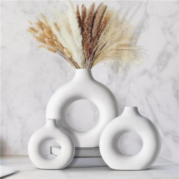 3 Pack Ceramic Vases Donut Vases for Modern Home Decor White Ceramic Vase